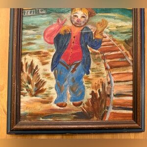 Vintage Hobo Clown Oil Pastel Painting Signed By Artist In Wooden Frame